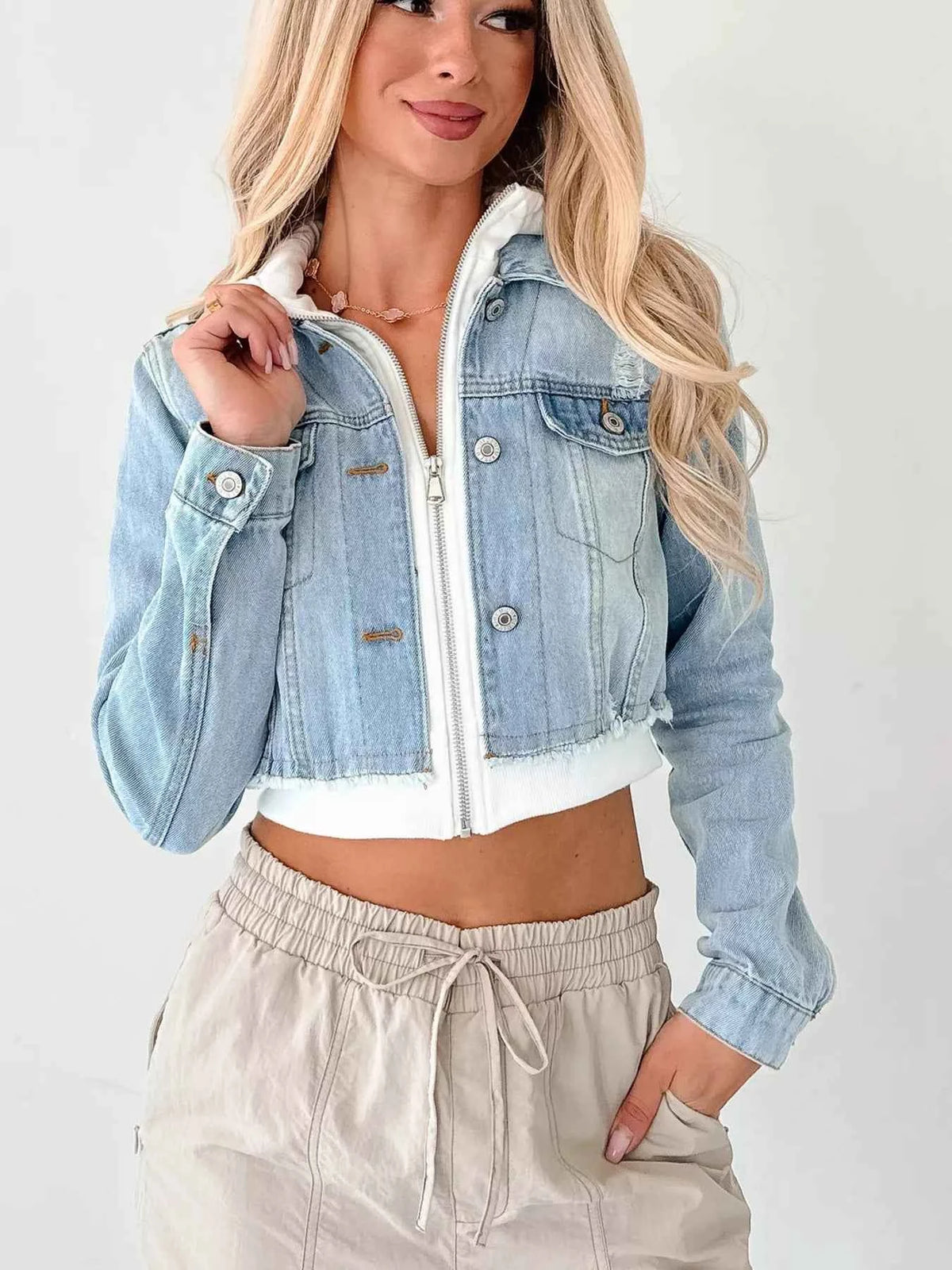 Cropped Hooded Denim Jacket