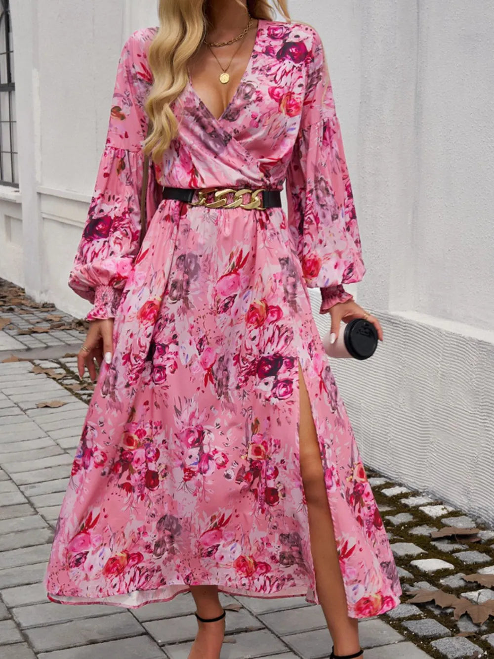 Devine Scarlet Floral Surplice Long-Sleeve Slit Dress
