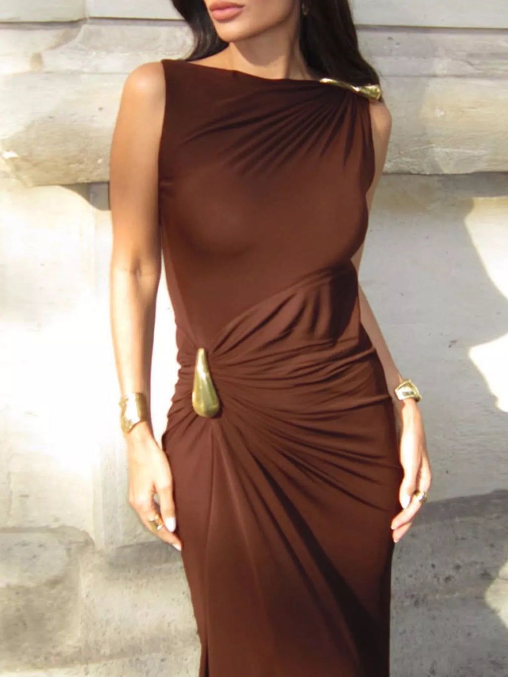 Draped Sleeveless Maxi Dress with Gold-Tone Accents