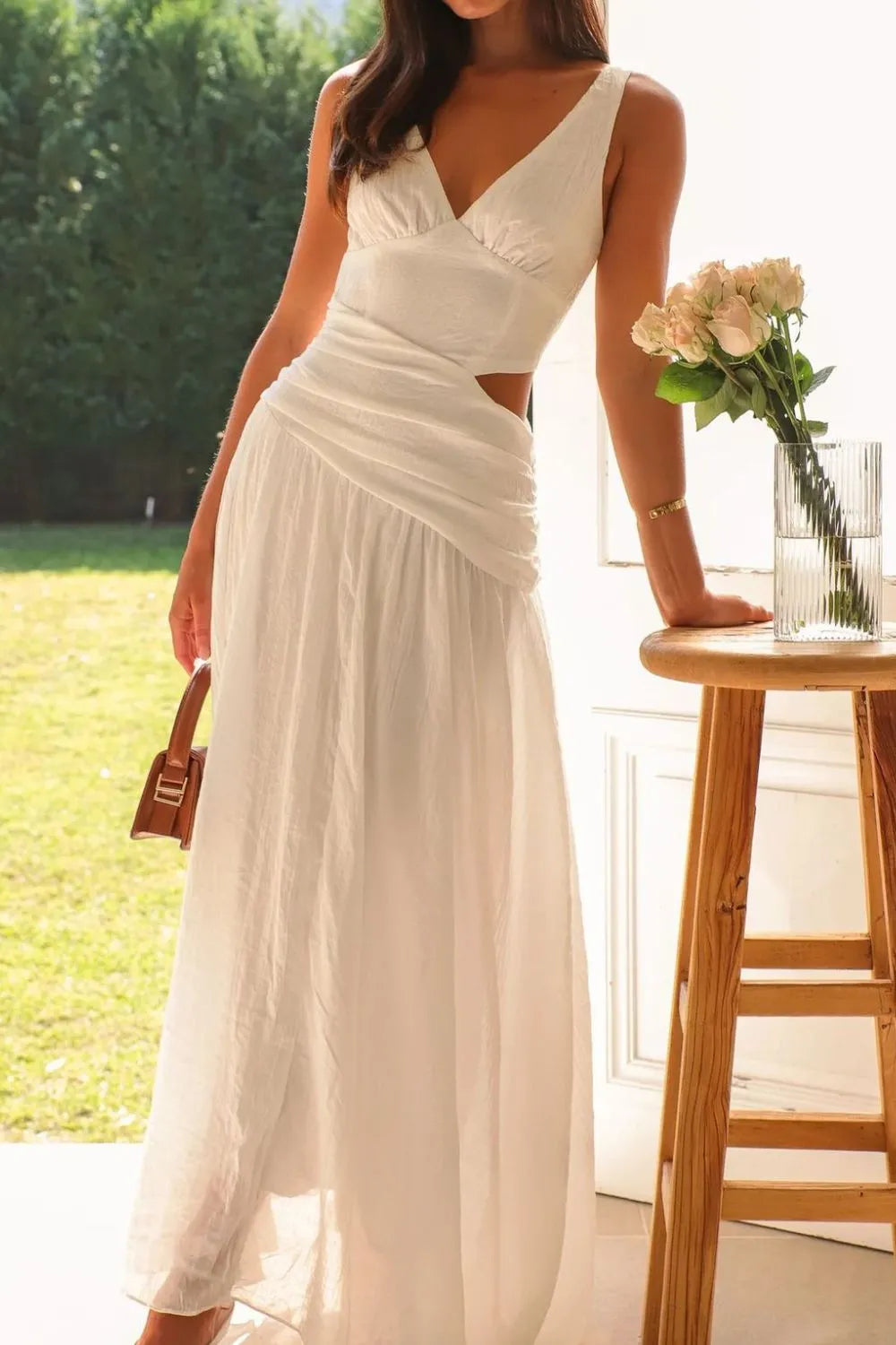 V-Neck Side-Cutout Ruched Maxi Dress