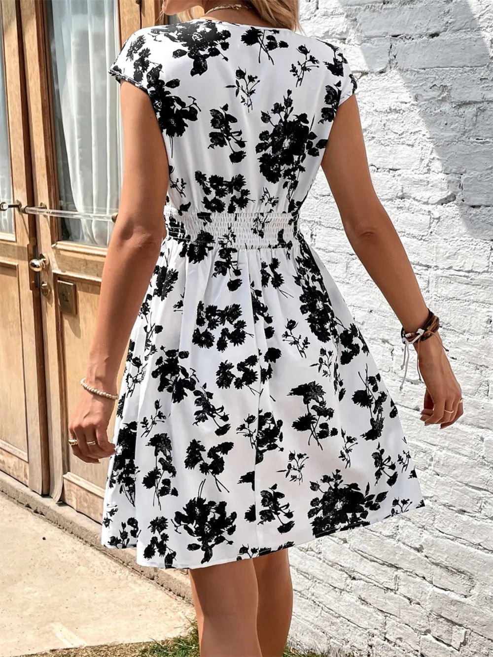 Black Floral Surplice Cap-Sleeve Dress