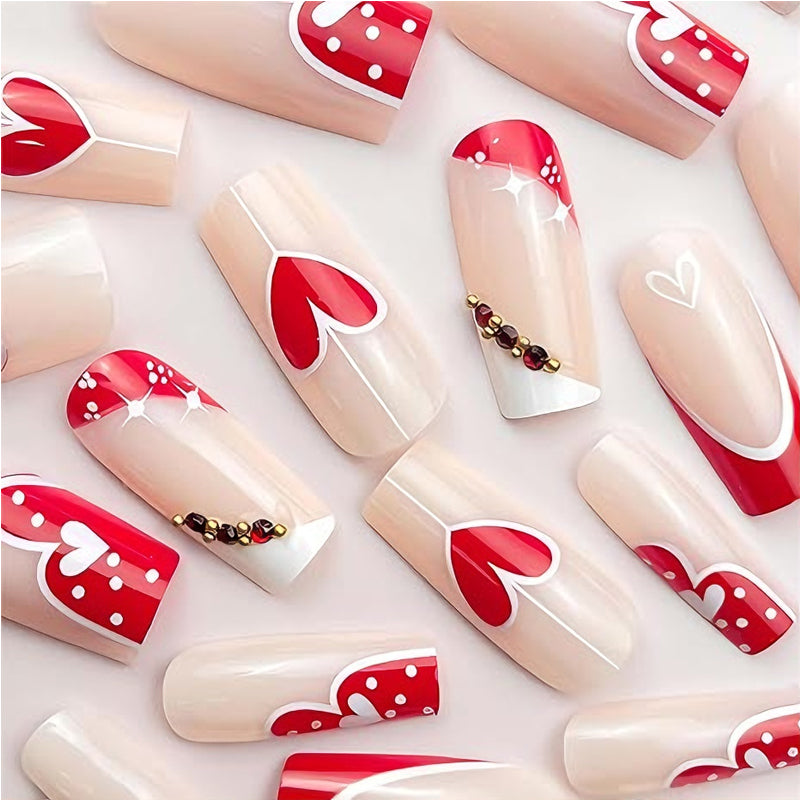 Red & White Heart Press-On Nails – 24 PCS Long Square Head | Valentine's Day Romantic Nail Art — Prime Trend Market