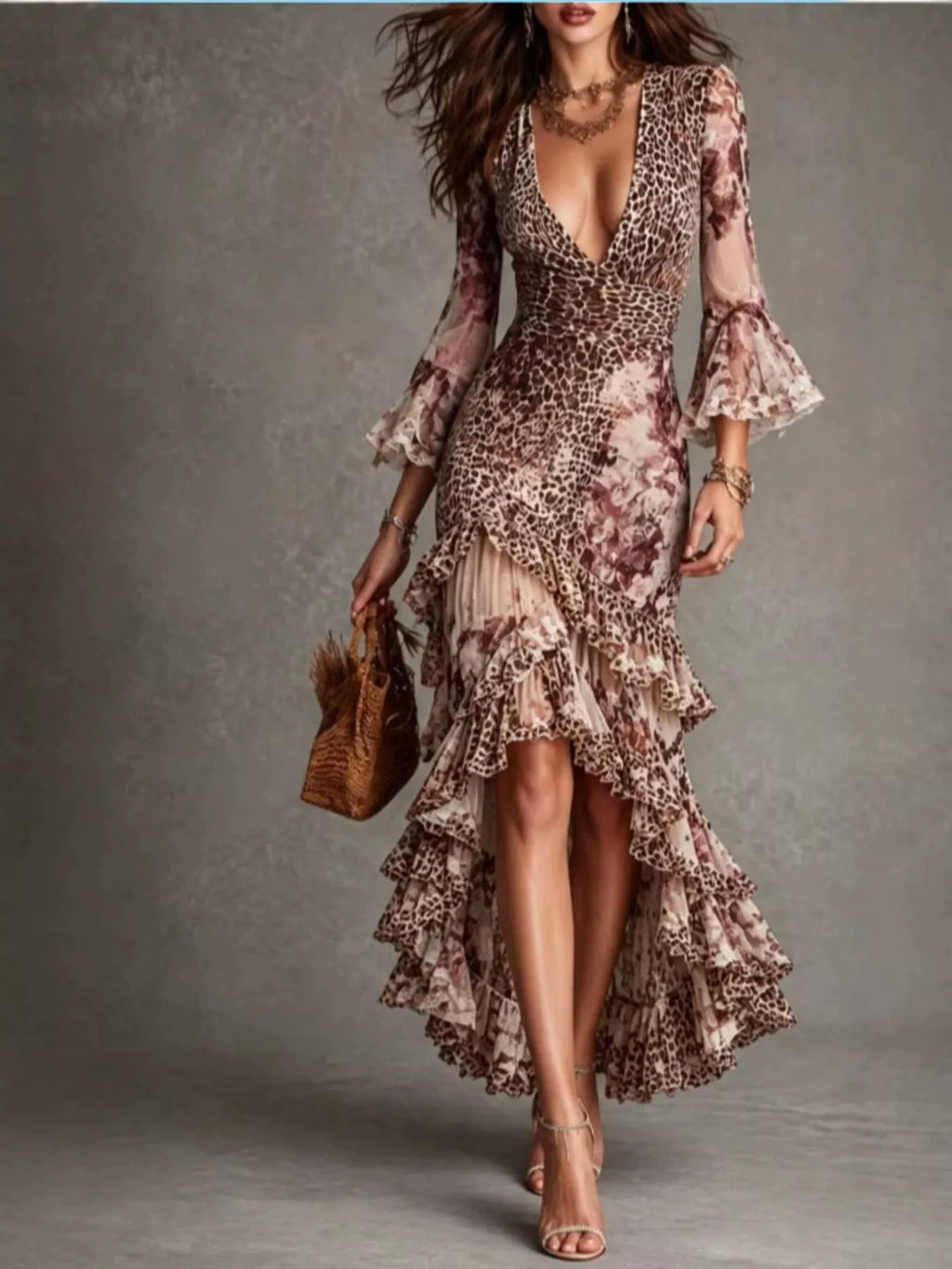 Dusty Pink Leopard-Print Ruffled High-Low Maxi Dress