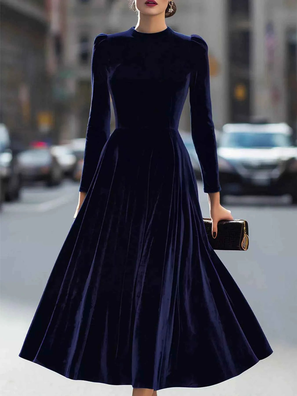 Velvet Long-Sleeve A-Line Dress
