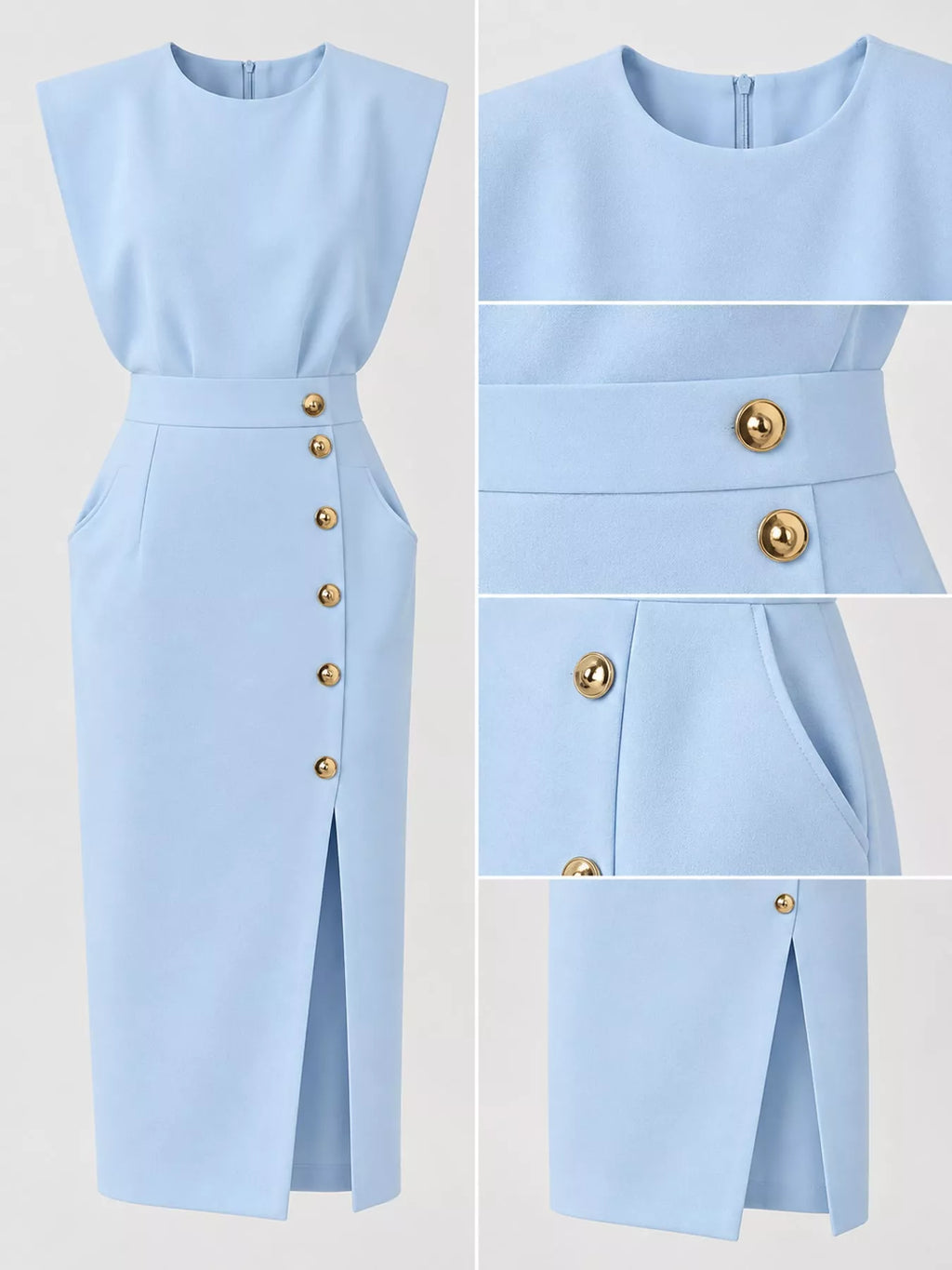 Sleeveless Gold-Tone Button-Detail Midi Dress