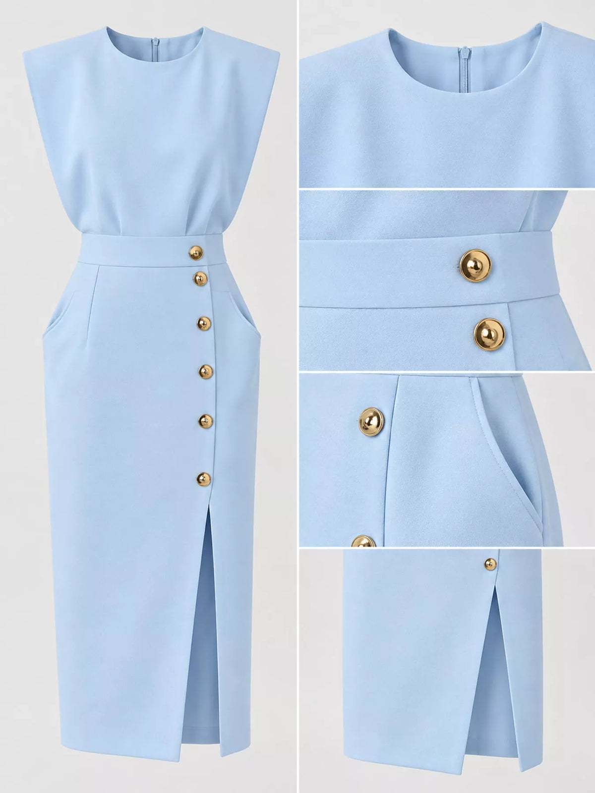 Sleeveless Gold-Tone Button-Detail Midi Dress
