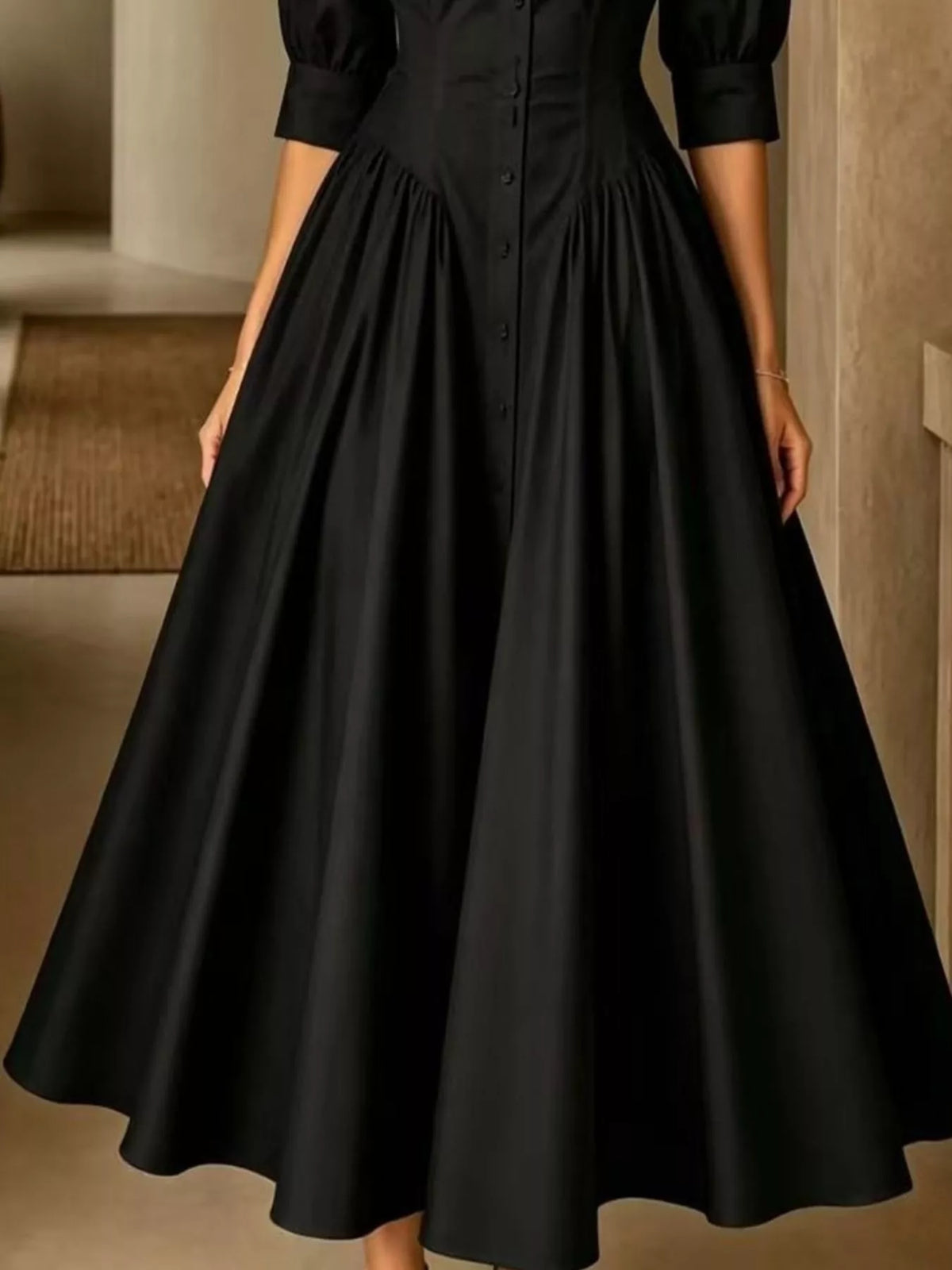 Collared Cinched-Waist Button-Front Midi Dress