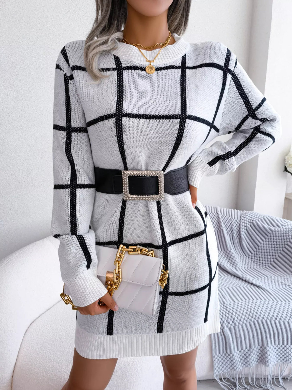 Windowpane Plaid Round-Neck Sweater Mini Dress
