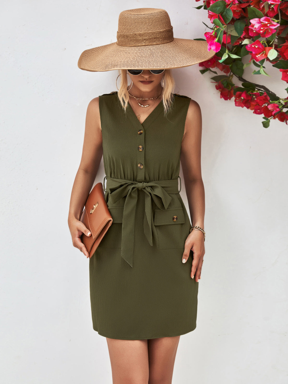 V-Neck Button-Detail Tie-Waist Sleeveless Mini Dress