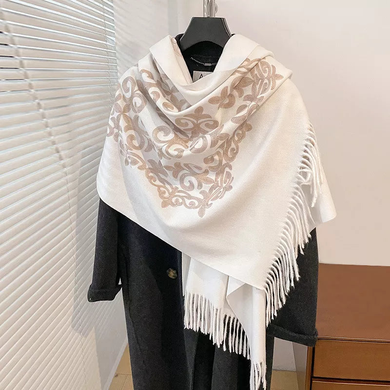 Boho Scroll-Pattern Fringe Scarf