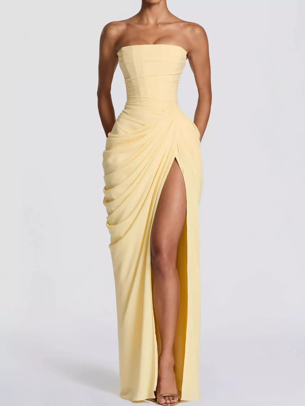 Strapless Ruched High-Slit Evening Dress