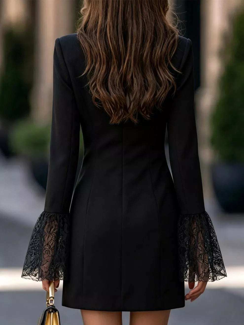 Double-Breasted Blazer Dress with Lace Flare Cuffs