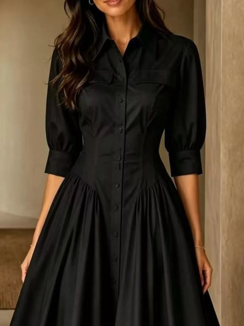 Collared Cinched-Waist Button-Front Midi Dress