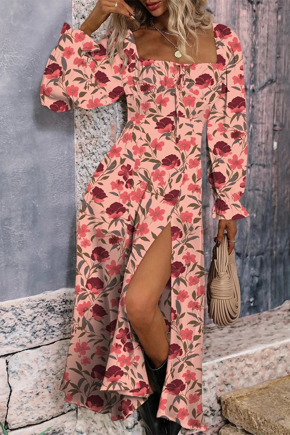 Floral Square-Neck Flounce-Sleeve Slit Midi Dress