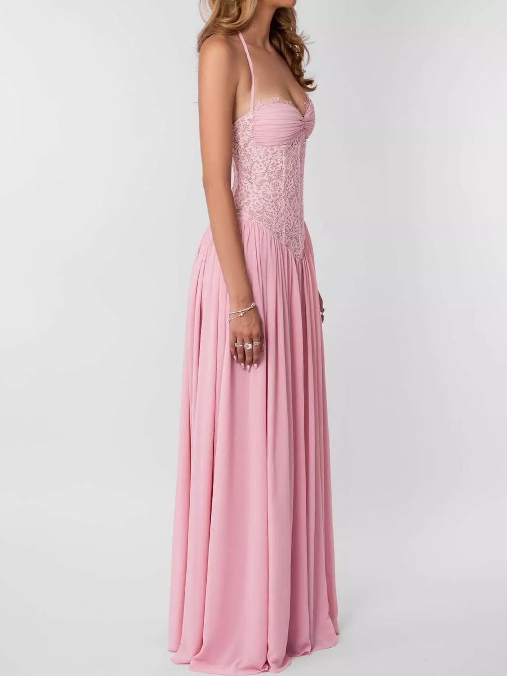 Lace Corset-Style Halter Maxi Dress