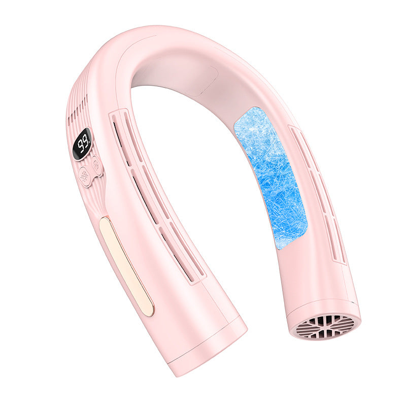 Pink wearable neck fan showing its display, buttons and end vent with a blue cooling-effect graphic.