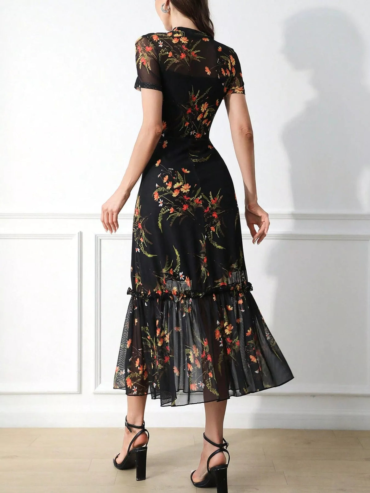 Black Floral Sheer-Overlay Ruffle-Hem Midi Dress