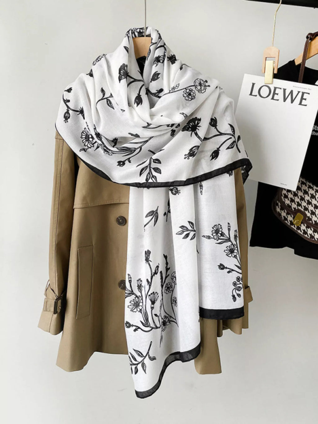 Floral-Border Lightweight Polyester Scarf
