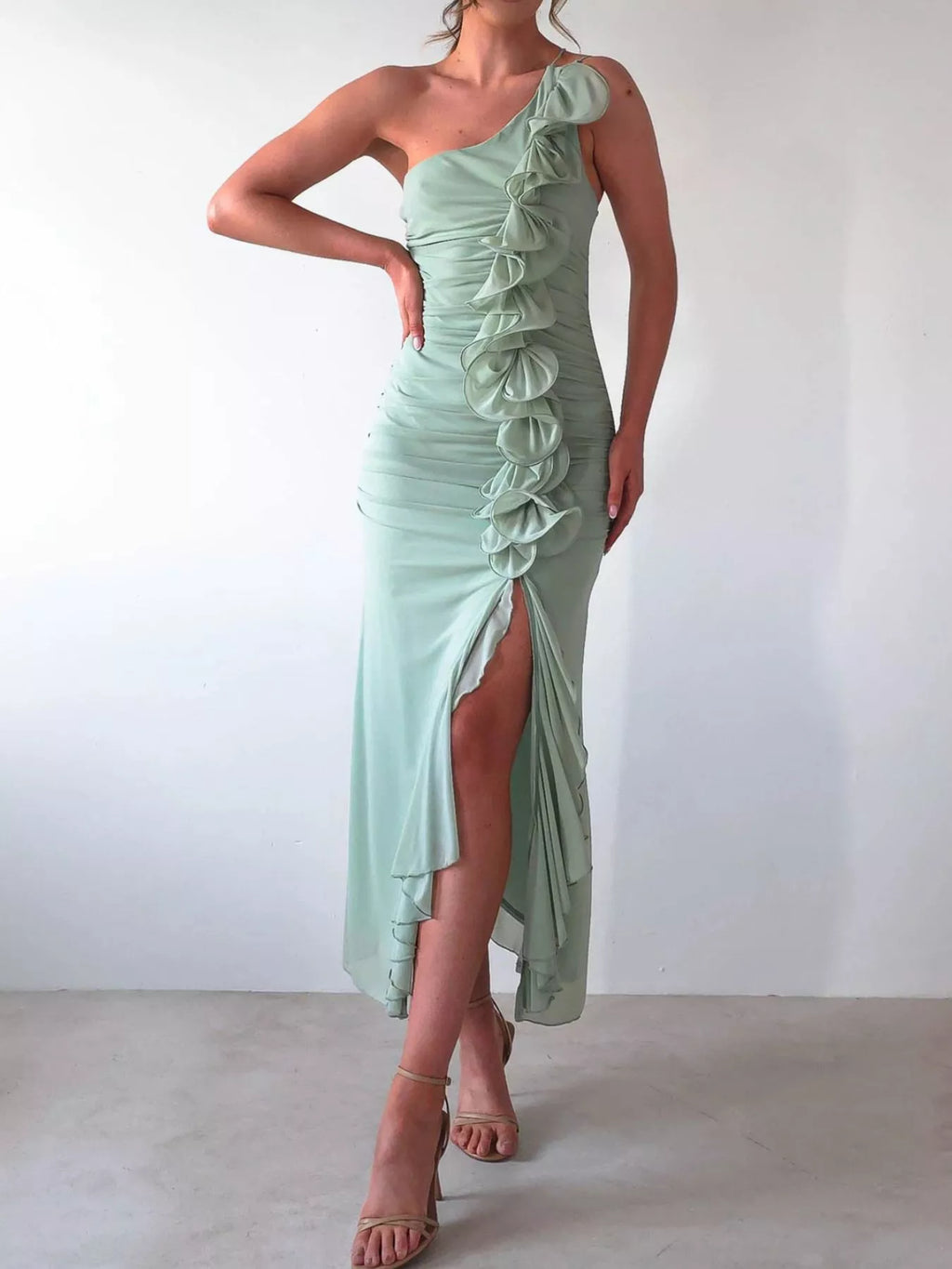 One-Shoulder Ruffle Slit Maxi Dress