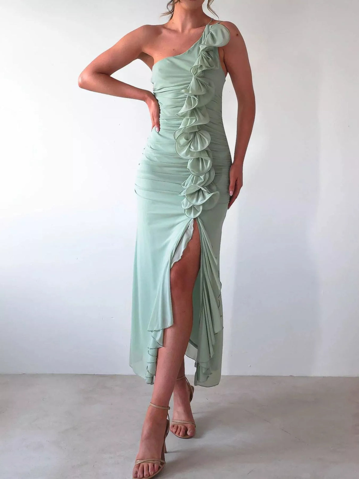 One-Shoulder Ruffle Slit Maxi Dress