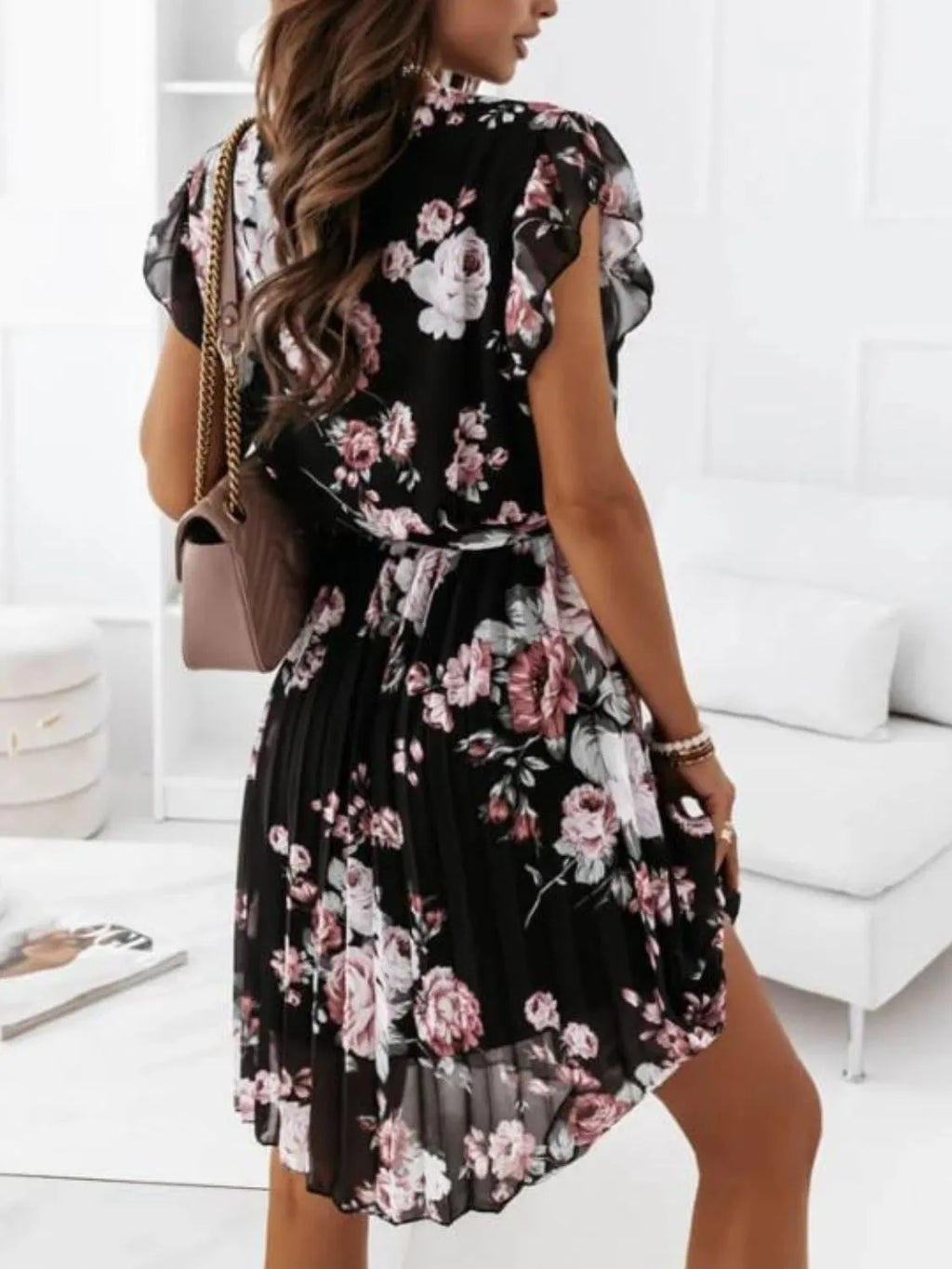 Floral Surplice Tie-Waist Ruffle-Cap-Sleeve Dress