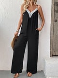Black Lace-Trim V-Neck Wide-Leg Jumpsuit