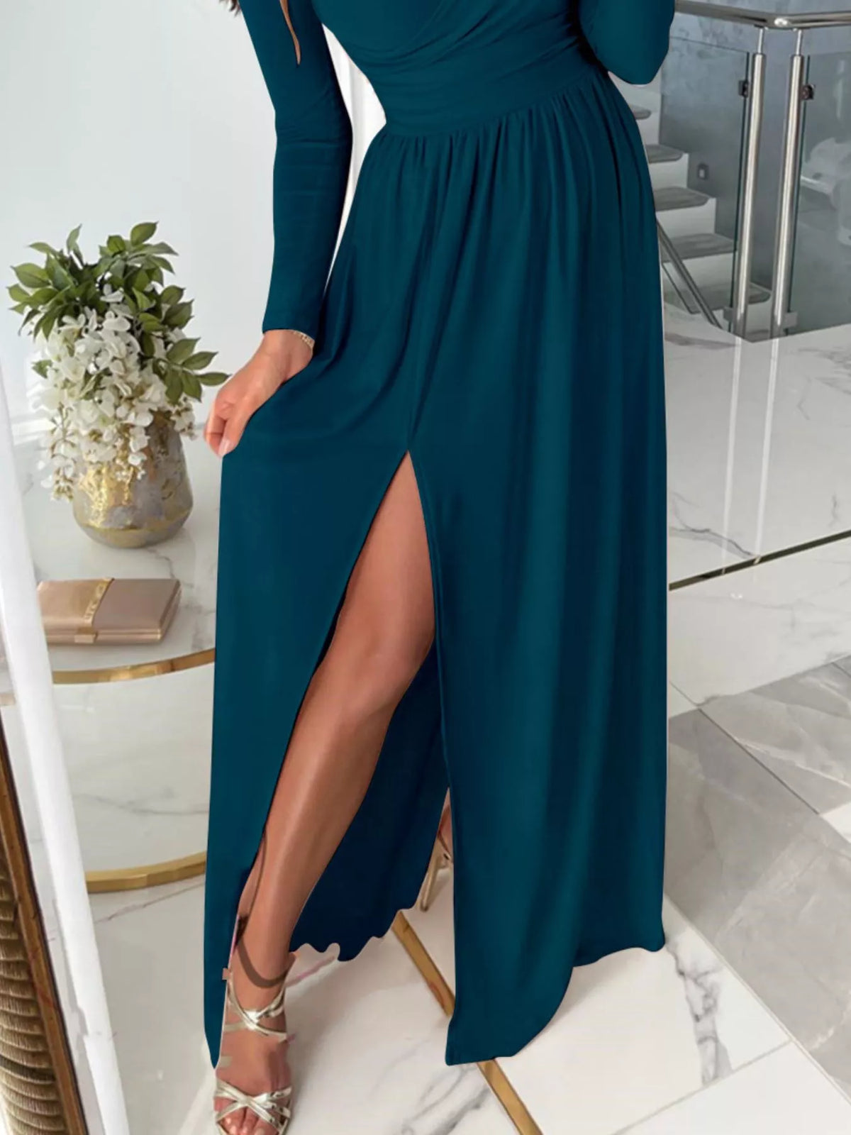 Surplice Cold-Shoulder Slit Maxi Dress