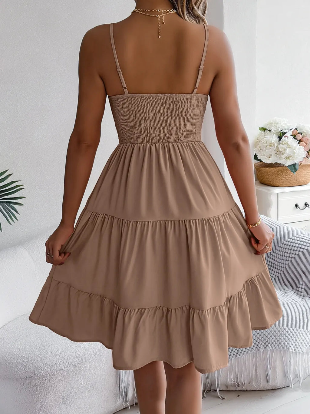 Smocked-Back Tiered Cami Mini Dress