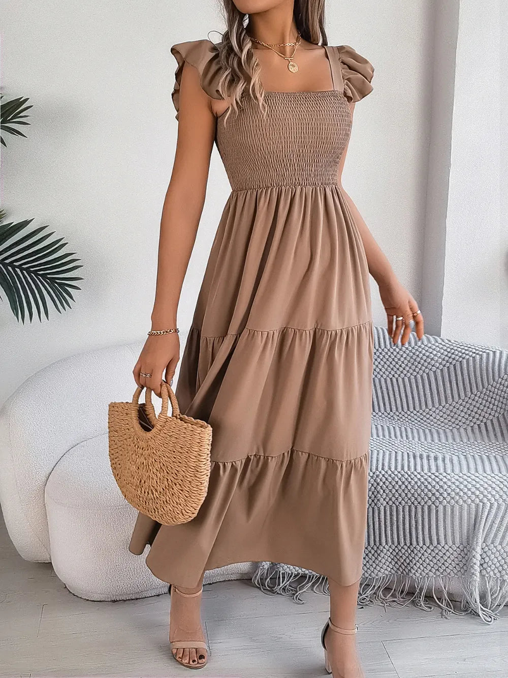 Smocked Square-Neck Cap-Sleeve Midi Dress