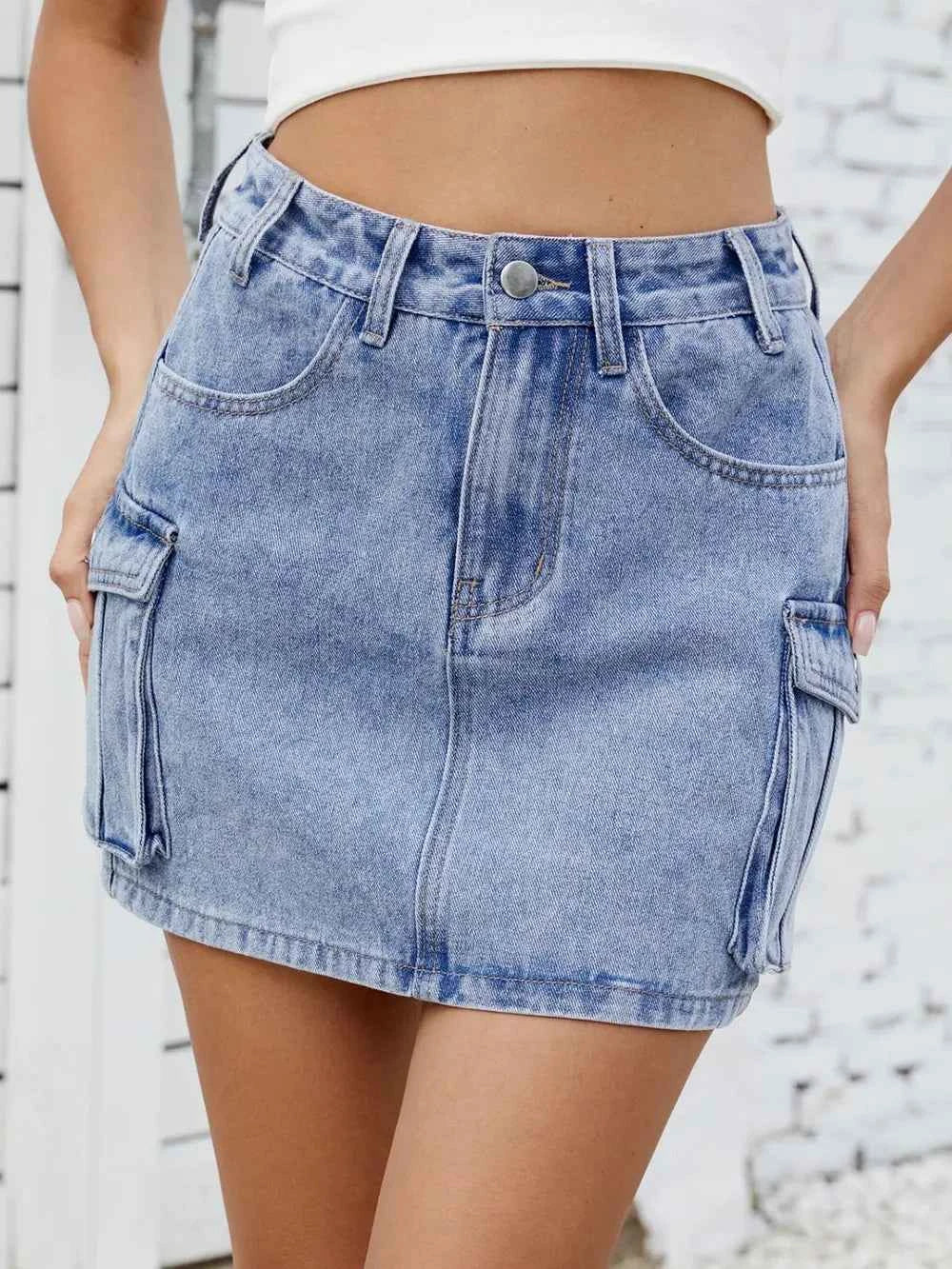 Denim-Look Cargo Mini Skirt