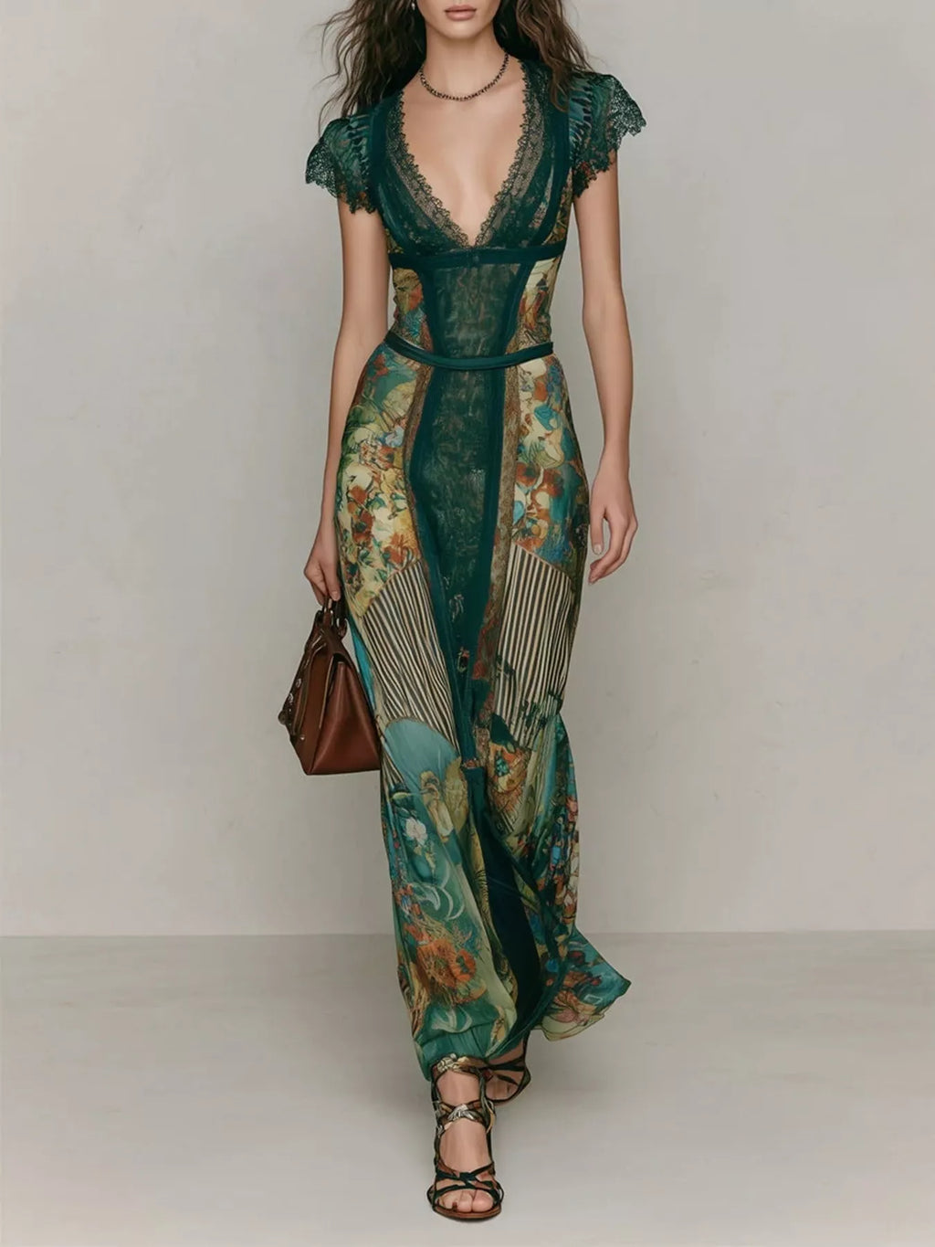 Green Lace-Detail Cap-Sleeve Maxi Dress