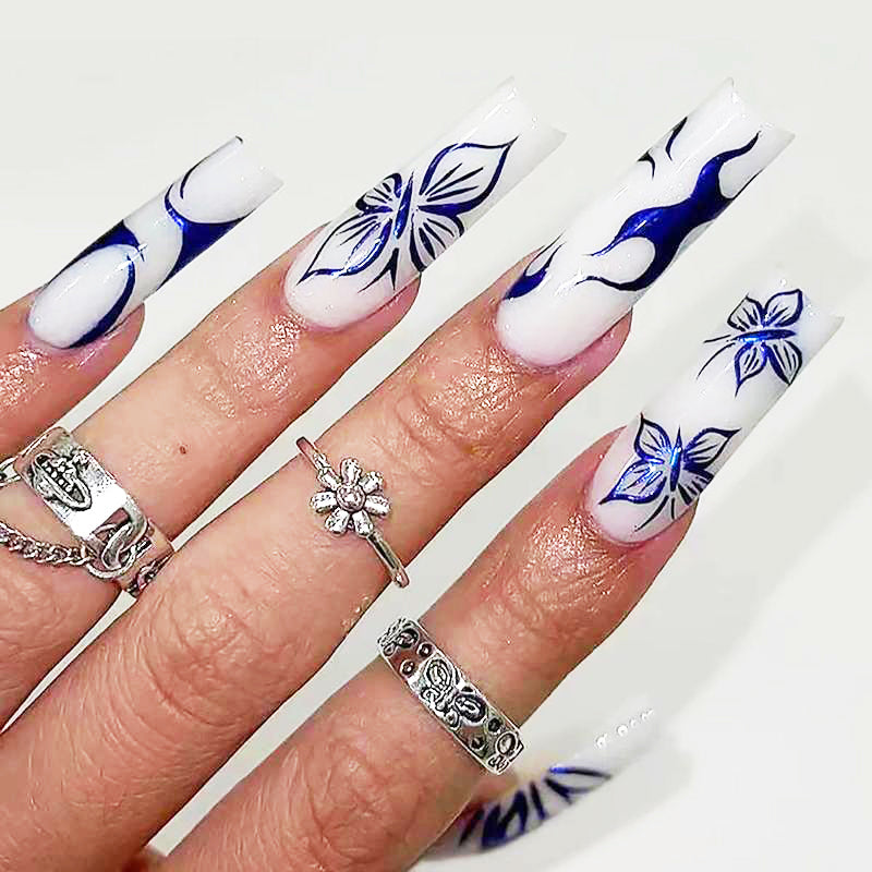 Blue Butterfly Nail Art Press-On Nails – 24 PCS Long Square Head Shape | Nature-Inspired Design — Prime Trend Market