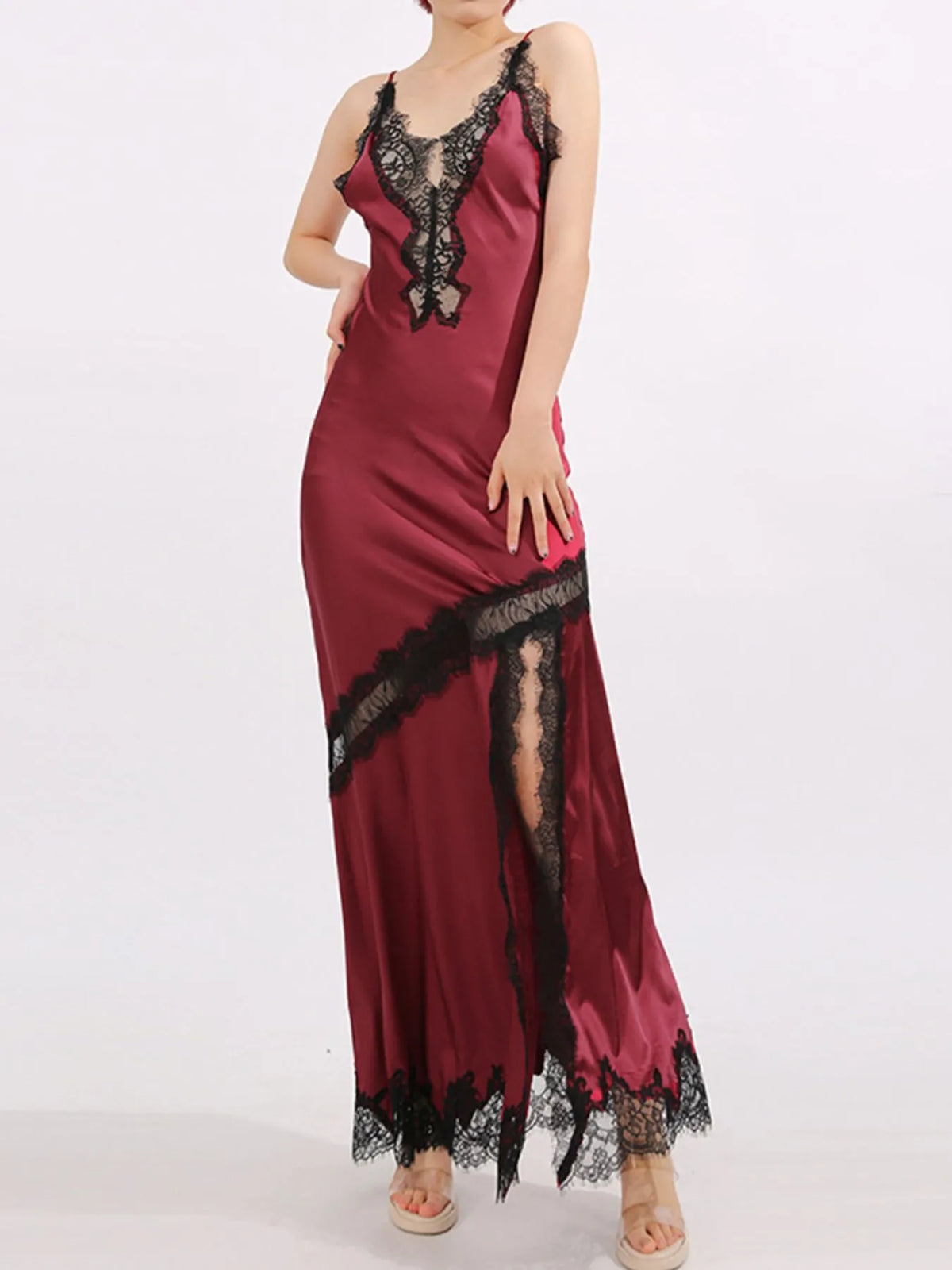Burgundy Lace-Detail Slit Maxi Cami Dress