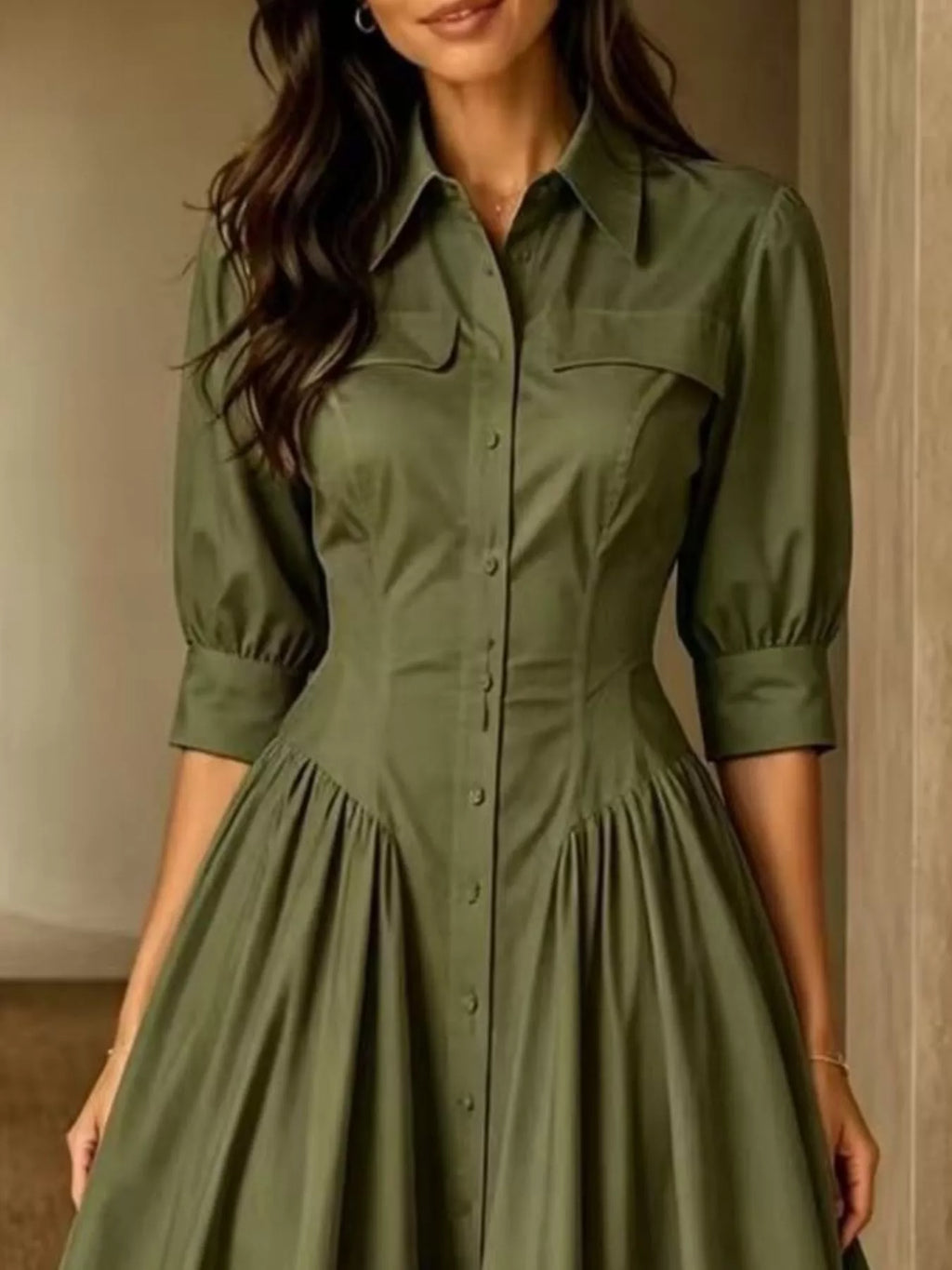 Collared Cinched-Waist Button-Front Midi Dress