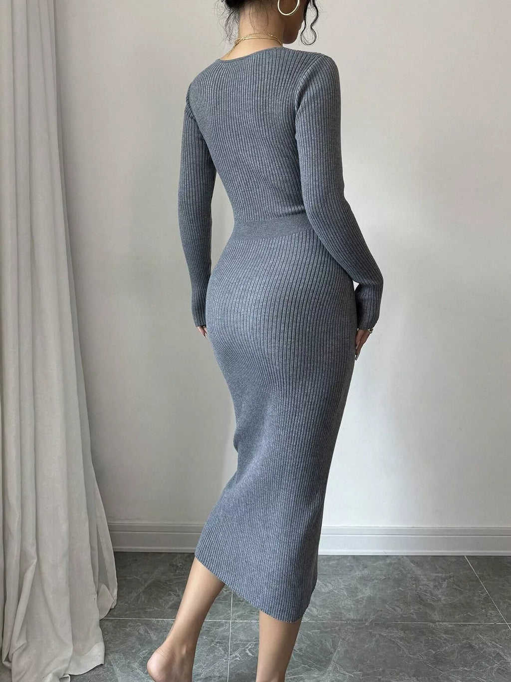 Ribbed Knit Sweater Dress with Decorative Buttons
