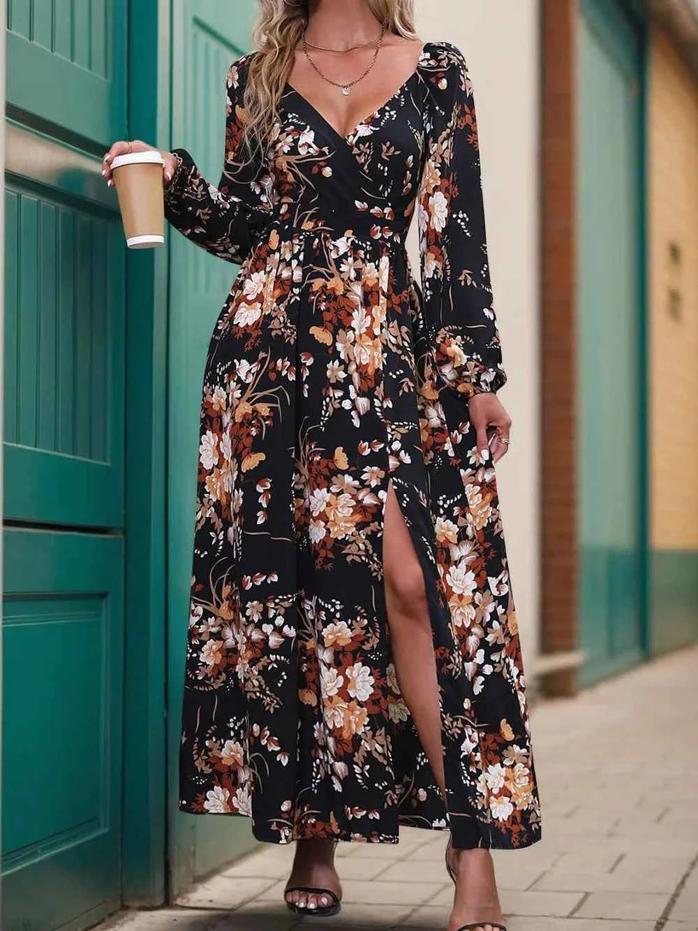 Floral Surplice Slit Maxi Dress