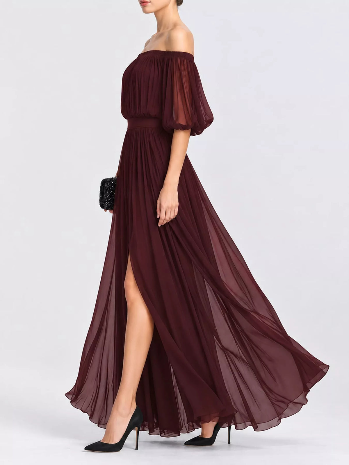 Off-Shoulder Ruched Chiffon Maxi Dress