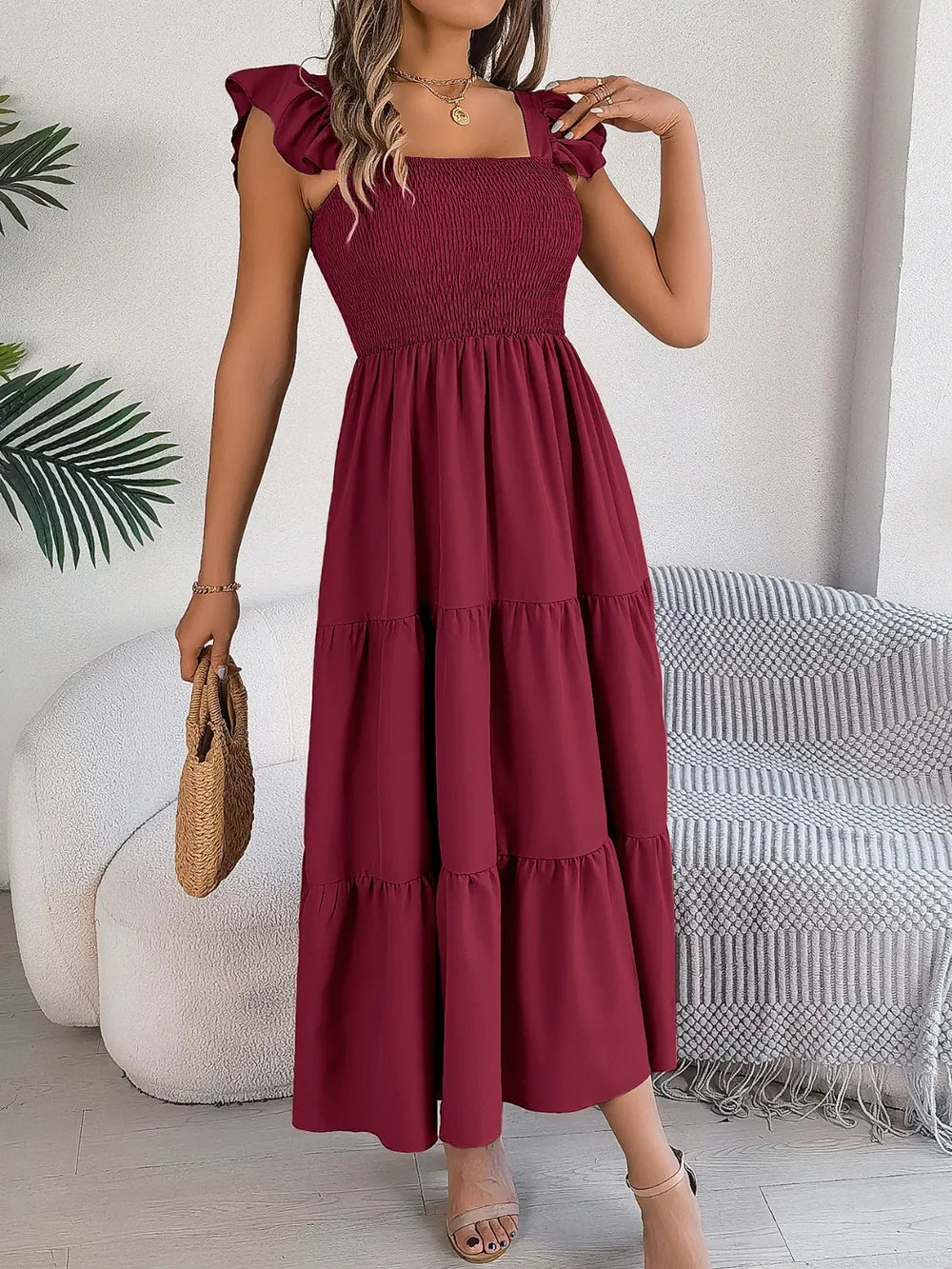 Smocked Square-Neck Cap-Sleeve Midi Dress