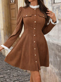 Brown Button-Front Long-Sleeve A-Line Mini Dress