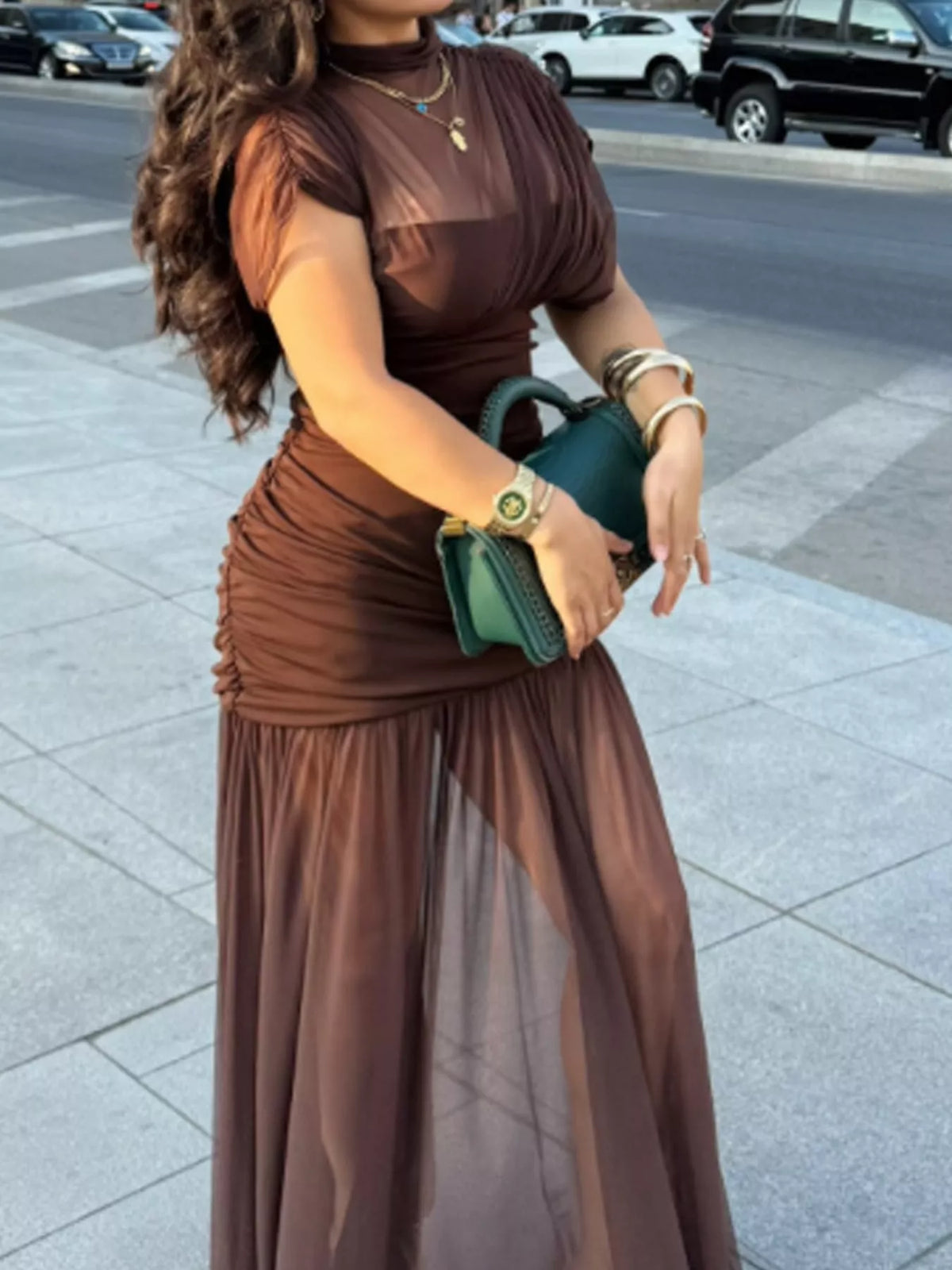 Mock-Neck Ruched Sheer Mesh Maxi Dress
