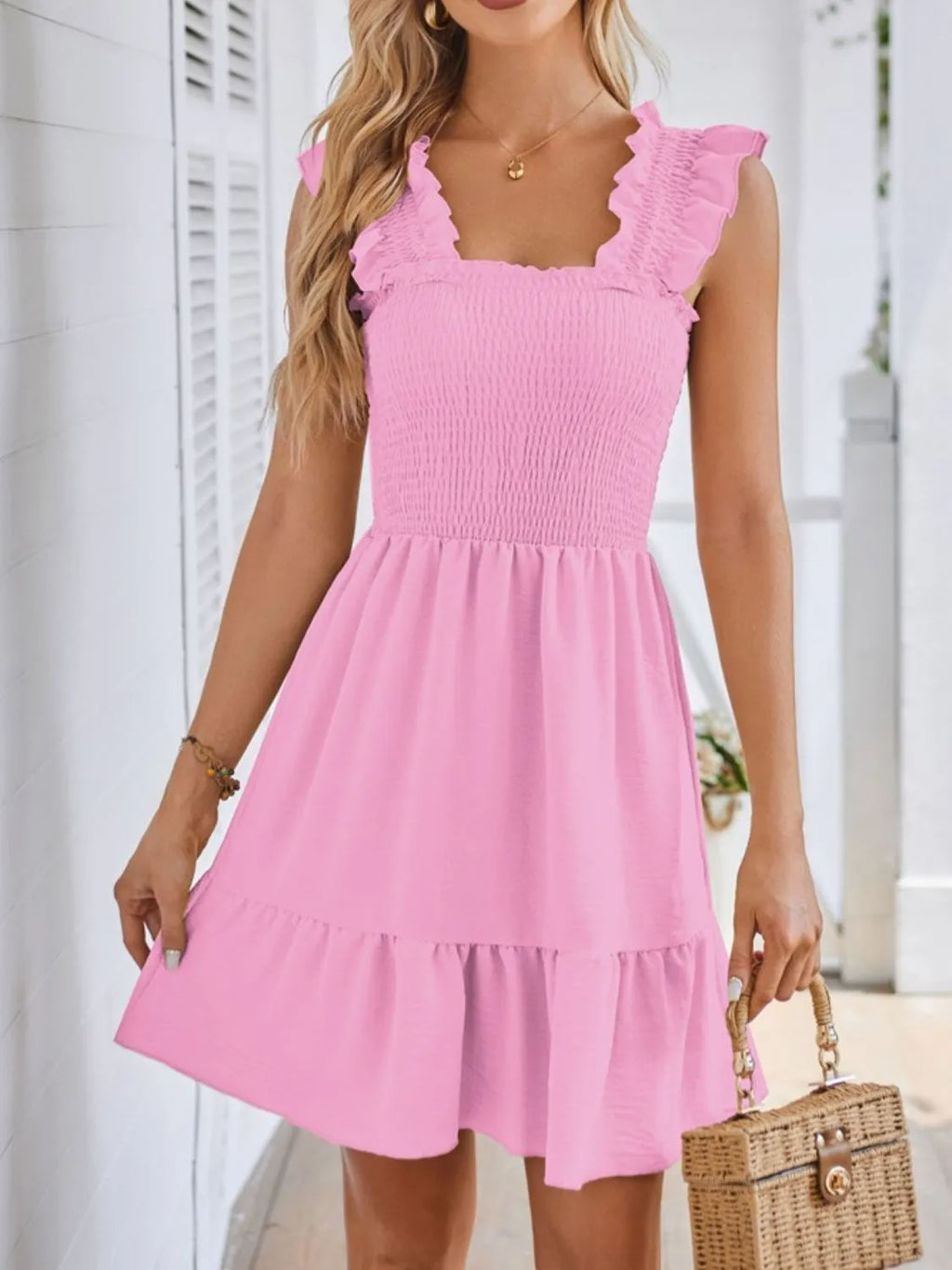 Smocked Square-Neck Ruffle-Strap Mini Dress