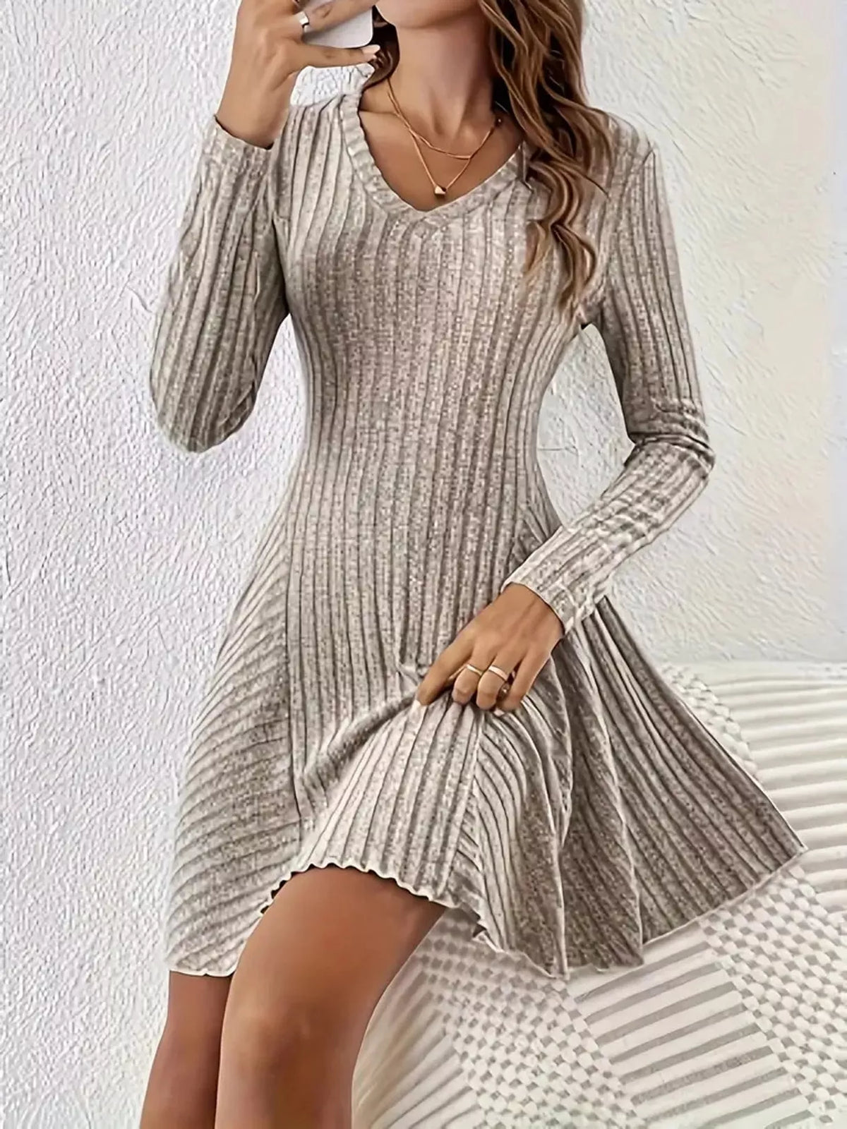 Long-Sleeve Ribbed Knit A-Line Mini Dress