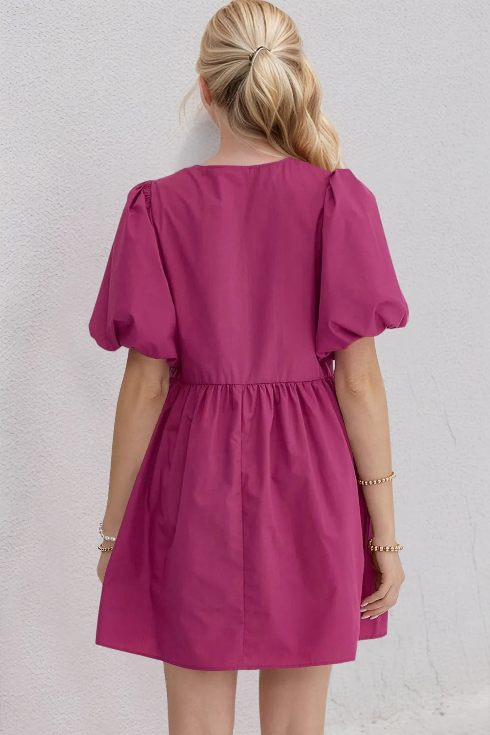 Cerise Bow-Detail Puff-Sleeve Cotton Mini Dress