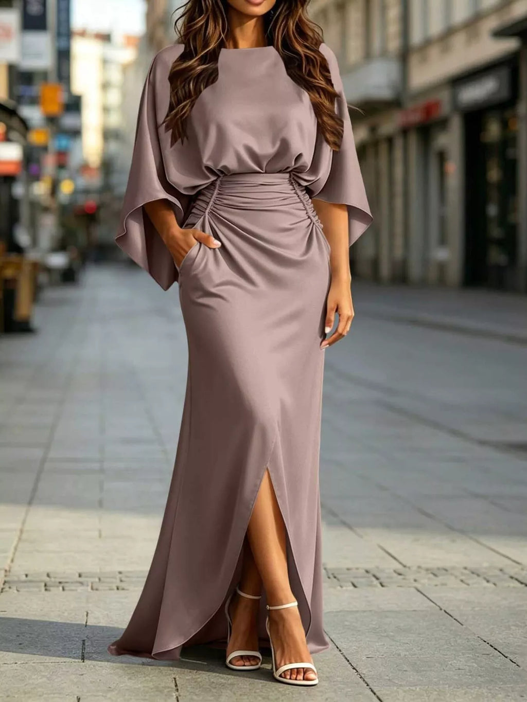 Ruched-Waist Draped-Sleeve Slit Maxi Dress with Pockets