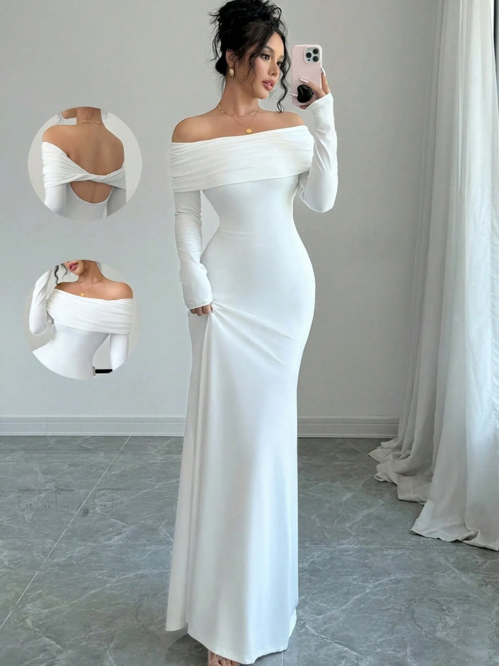 Off-Shoulder Twist-Back Long-Sleeve Bodycon Maxi Dress