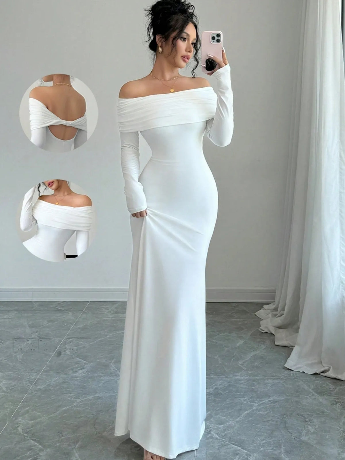 Off-Shoulder Twist-Back Long-Sleeve Bodycon Maxi Dress