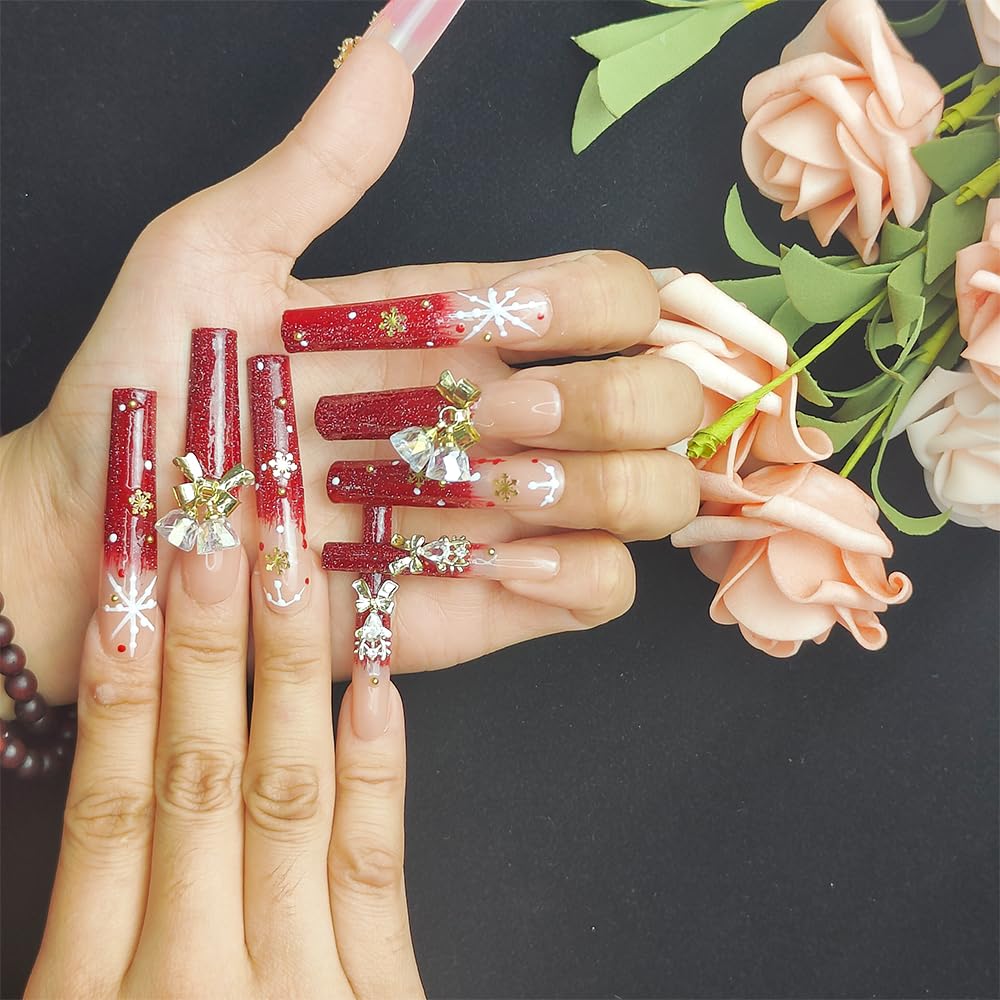 Red Snowflake Rhinestone Press-On Nails — Long PMMA Acrylic, Reusable, 2 Sizes — Prime Trend Market