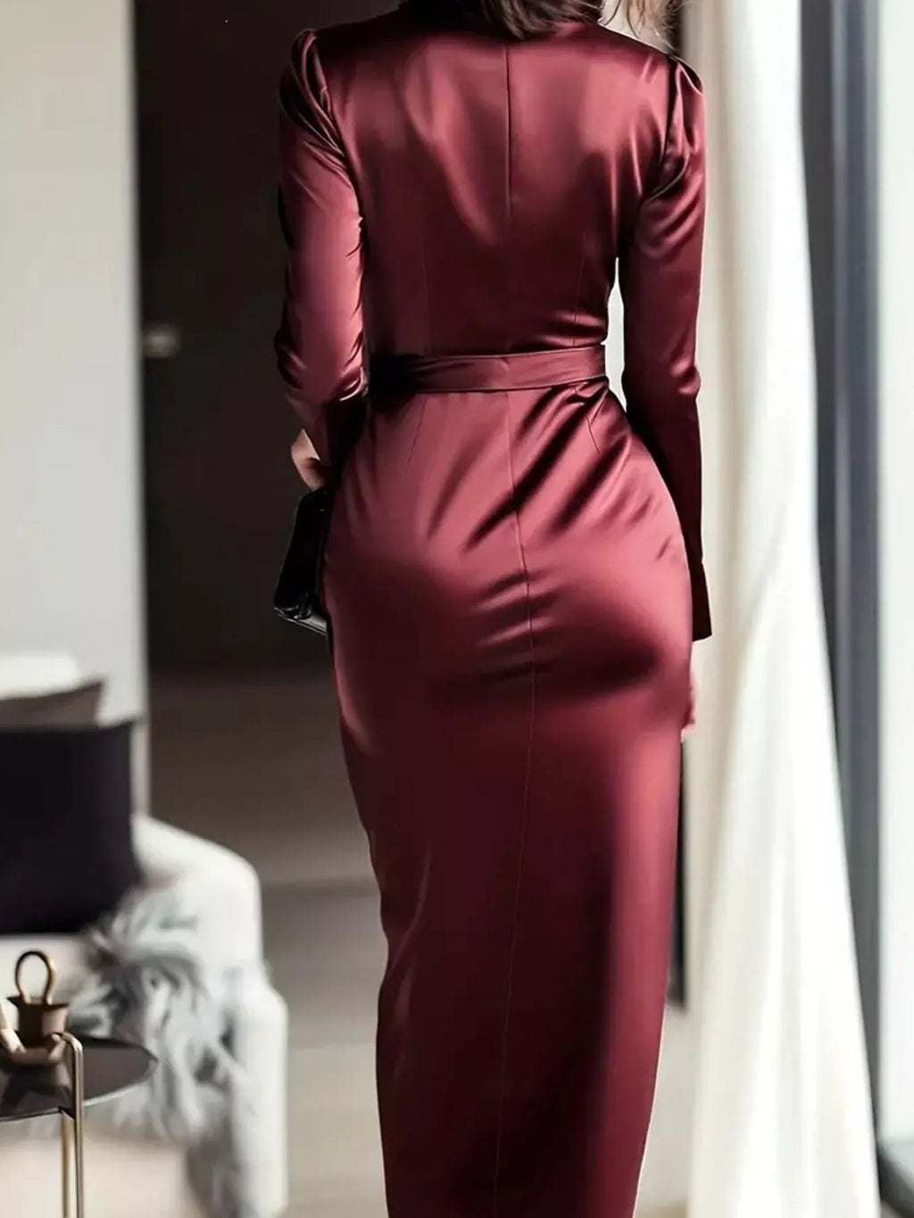 Satin Surplice Tie-Waist Long-Sleeve Midi Dress