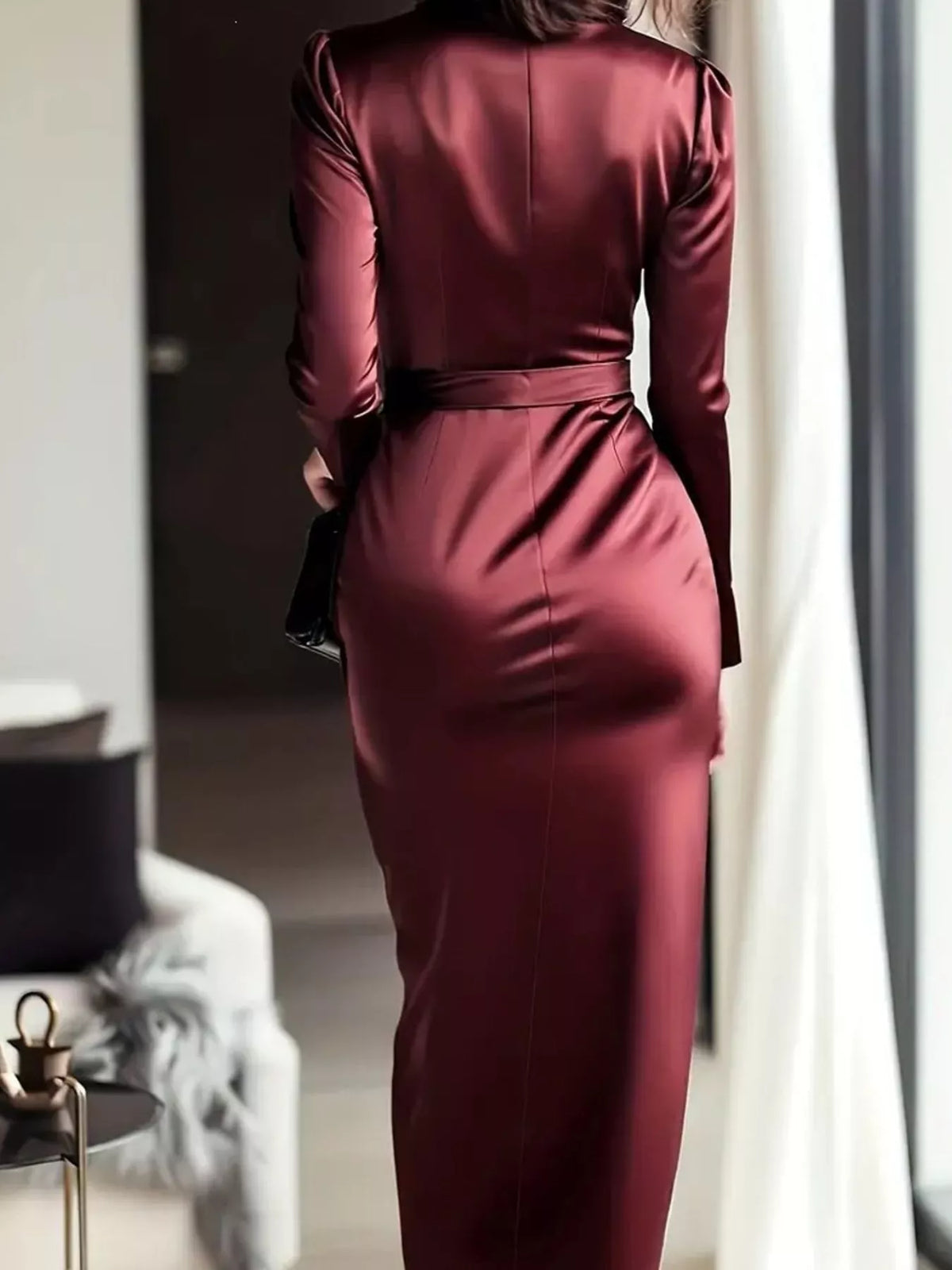 Satin Surplice Tie-Waist Long-Sleeve Midi Dress