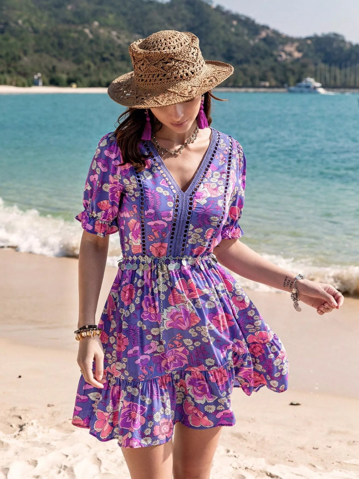 Vivid Violet Floral V-Neck Eyelet-Trim Mini Dress
